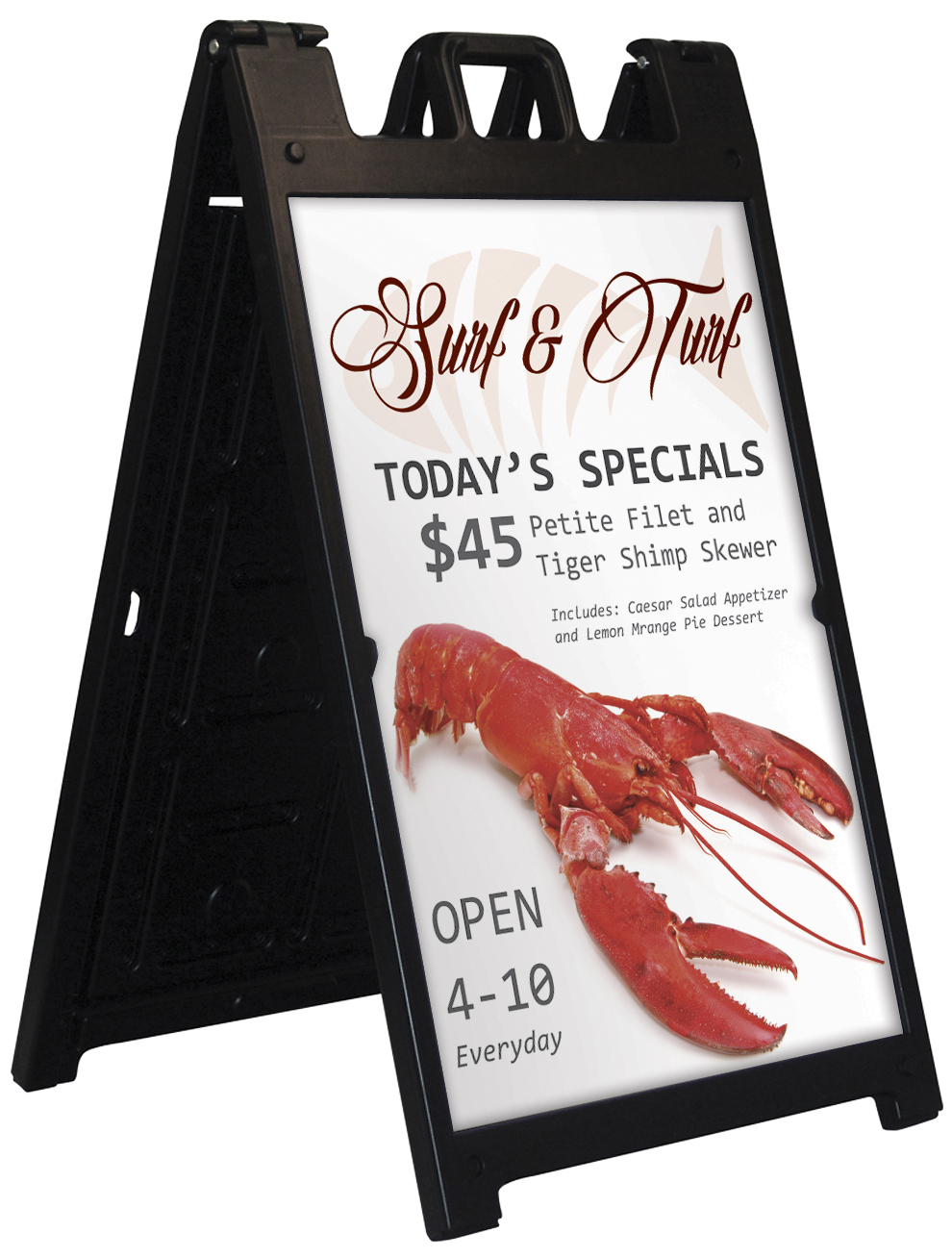 Surf and Turf restauraunt special sidewalk sign with lobster on front.